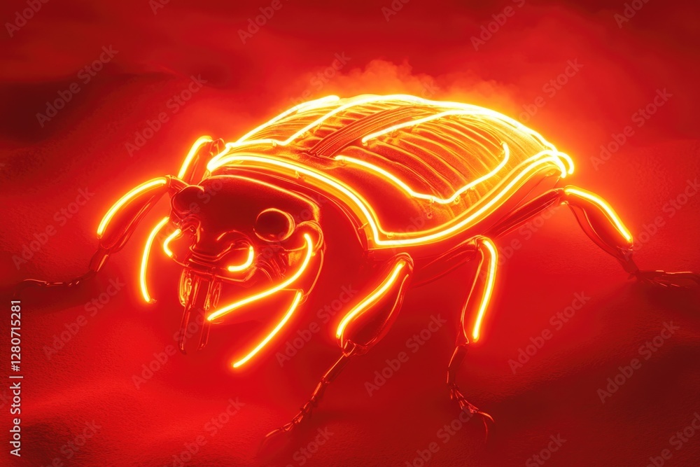 Poster a single glowing neon bug in the dark, perfect for use in sci-fi or futuristic themed designs
