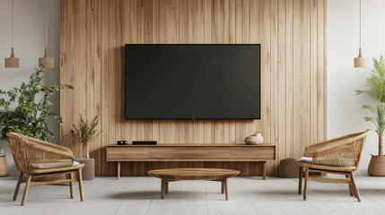 Modern Living Room with wooden wall: A contemporary living room interior showcases a wooden accent wall, and a large screen TV, and two chairs.