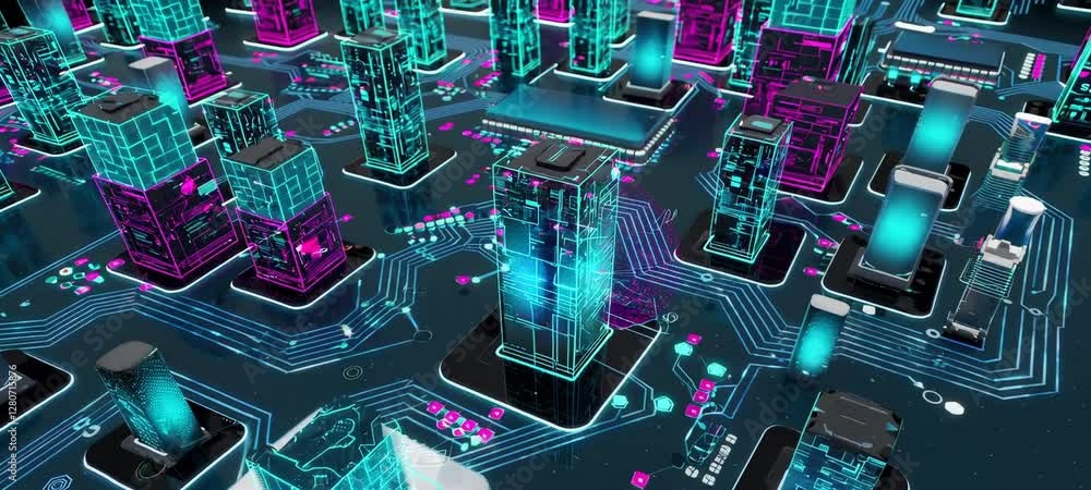 Poster futuristic neon circuitry with dynamic blockchain elements and vibrant energy flow