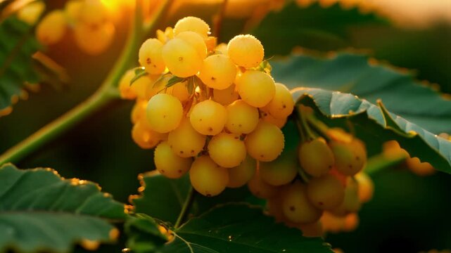 Subtle pan video revealing hidden berries, golden hour lighting creating warm tones, vibrant macro, yellow cloudberries partially hidden beneath broad, lobed leaves, bathed in glow