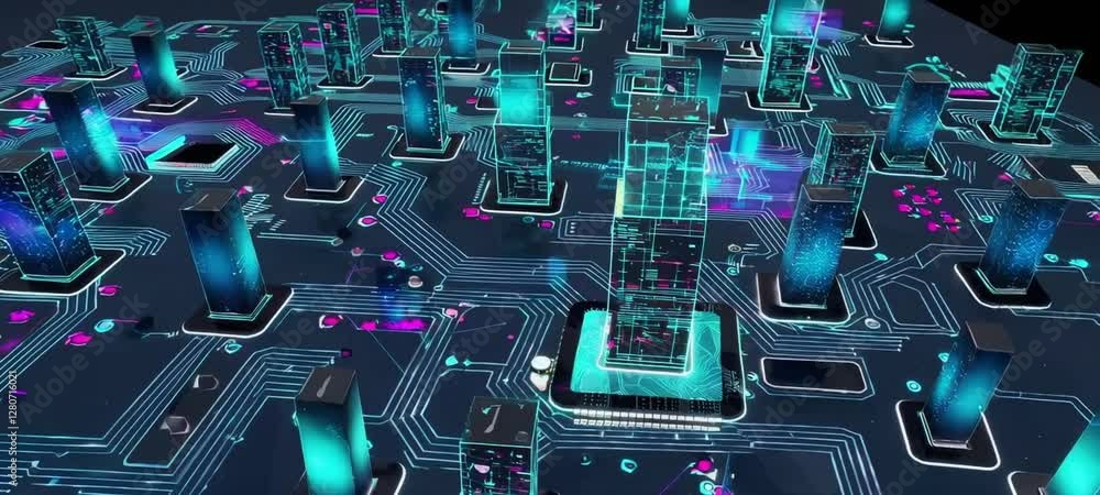 Poster futuristic circuit board cityscape with glowing towers and dynamic data flow