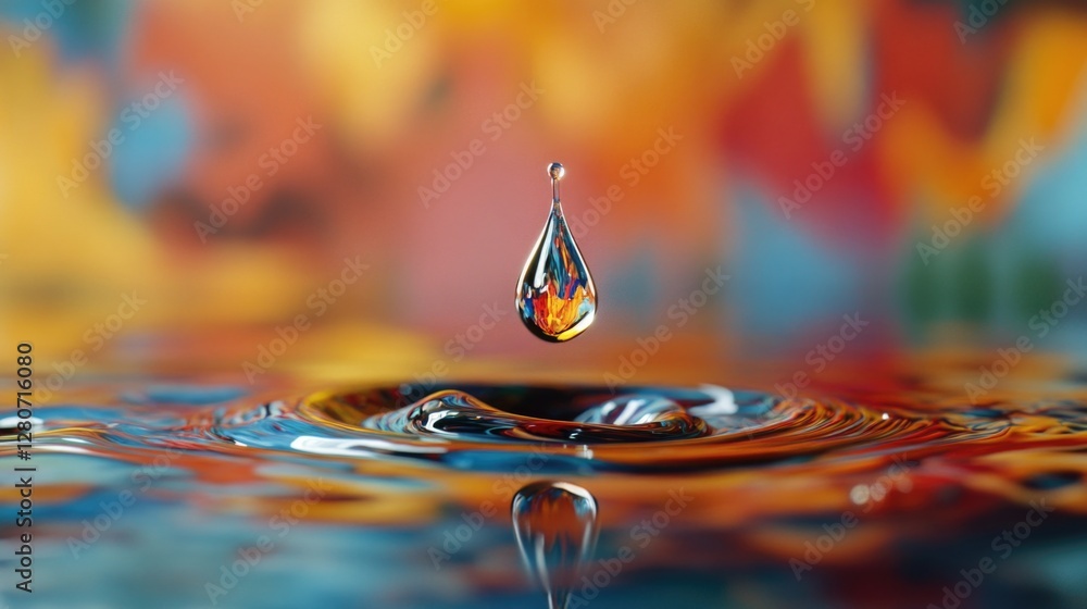 Poster a single water droplet falls into a calm pool of water, creating ripples and circles