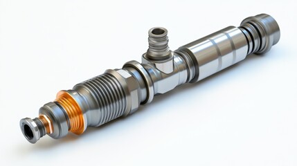 A highly detailed D-rendered fuel injector against a metallic silver backdrop