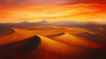 Naklejka premium sunset with rolling sand dunes, painted in deep oranges and reds. The last light of day creates long shadows,