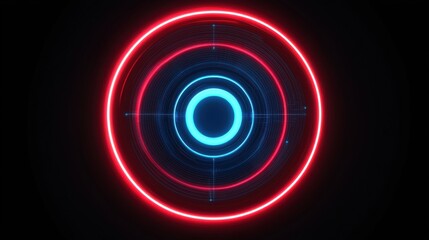 A vibrant circular design featuring concentric neon rings in red and blue, set against a dark background, creating a modern, digital aesthetic.