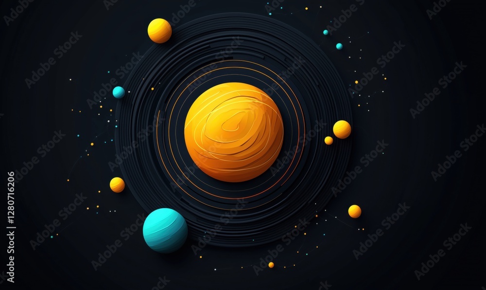 Poster colorful abstract representation of solar system with planets and orbits