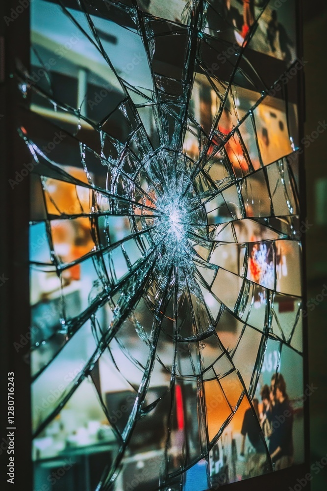 Poster a broken glass window with a tv in the background