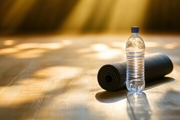 Water Bottle and Yoga Mat in a Serene Sunlit Room