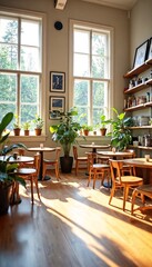 Obraz premium A cozy cafe with wooden tables and chairs, surrounded by lush greenery outside its large windows.