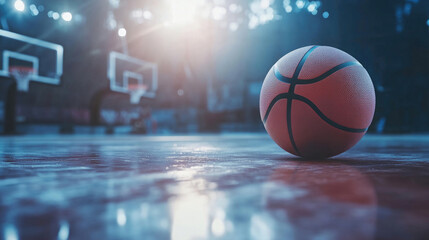 Basketball rests on court’s surface as light illuminates the empty gymnasium during evening practice time