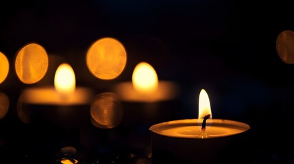 Candle with blurred lights in the background on a black surface in a dimly lit environment