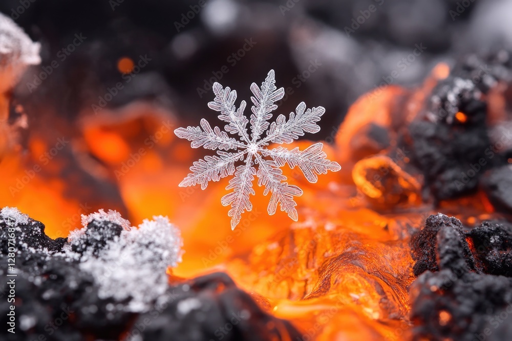 Poster a close-up shot of a burning flame with a single snowflake settling on the surface