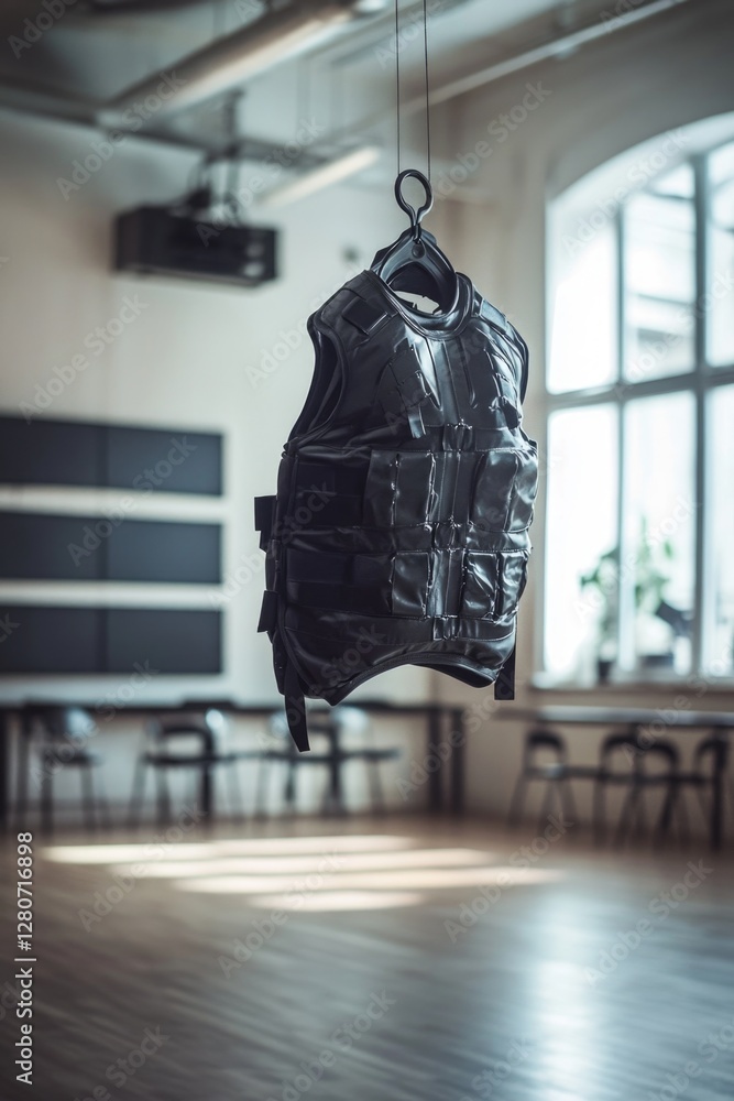 Poster a plastic bag hangs from the ceiling in an empty room, with nothing else in sight