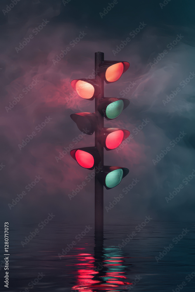 Poster intriguing urban traffic signal surrounded by fog: a captivating representation of control in modern
