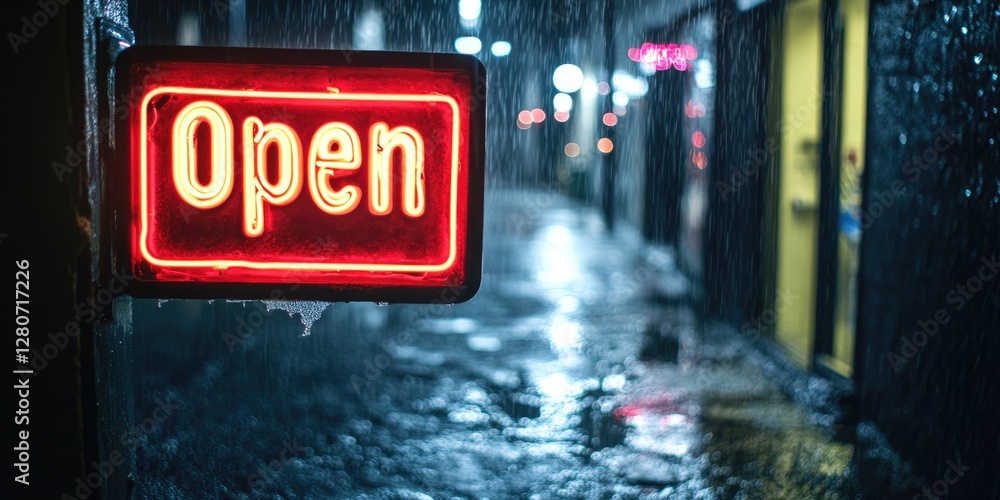 Poster a red open sign hangs from the side of a building, indicating it's open for business