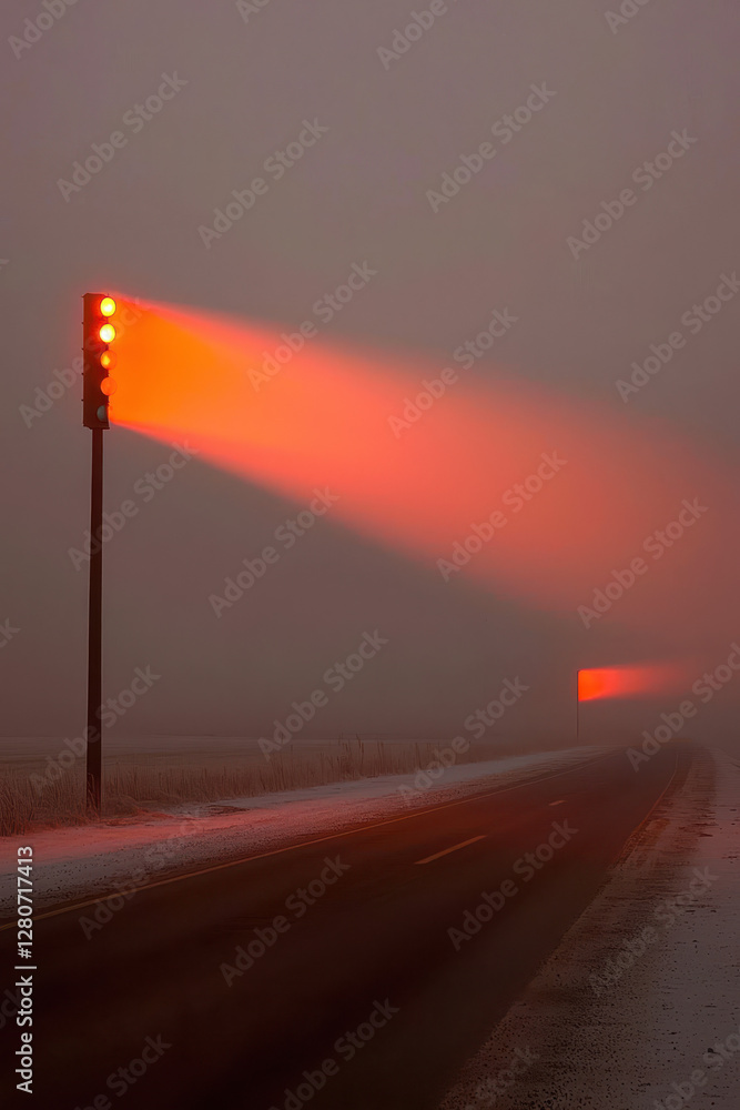 Poster a striking scene of foggy roads illuminated by red traffic signals, capturing the intriguing interse
