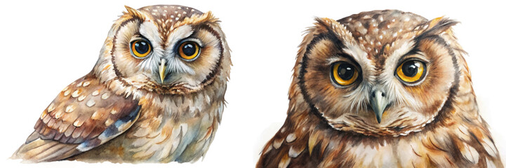 Detailed watercolor owl portrait, vibrant colors, wildlife art, nature illustration, artistic style, animal depiction.