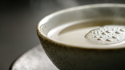 A simple still life image of a cup of milk with a spoon stuck in it
