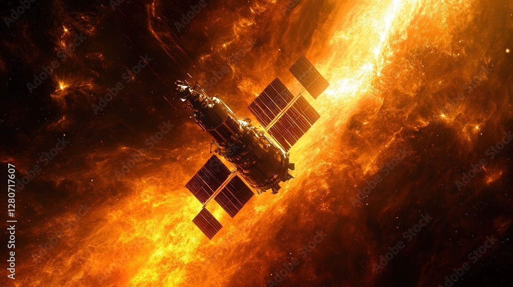 Poster spacecraft that uses quantum computing to simulate and study the effects of cosmic phenomena,