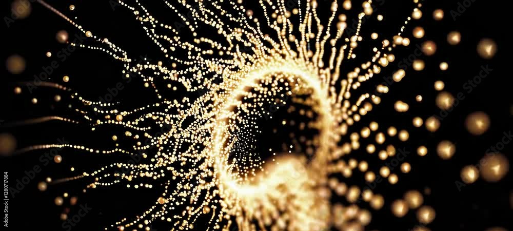 Poster dynamic burst of golden particles creating vortex pattern in dark space