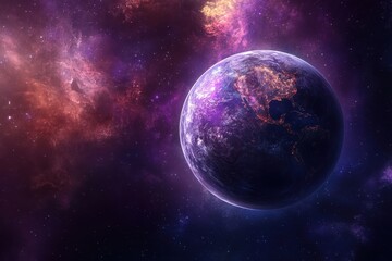 Obraz premium Vibrant cosmic view of Earth surrounded by colorful galactic clouds in deep space