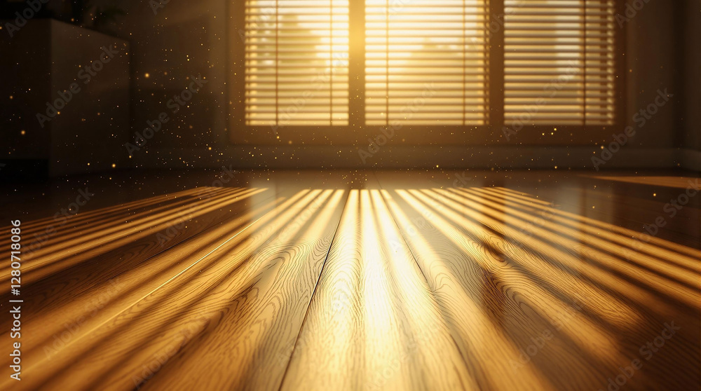 Aufkleber a room with a wooden floor, illuminated by a window with blinds that allow a soft, diffused light to