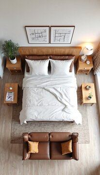 A bird's eye view of a bedroom with a bed, nightstand, and couch.