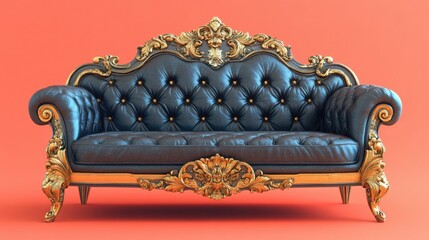 A neoclassical-style gray sofa with gold accents on a soft coral background