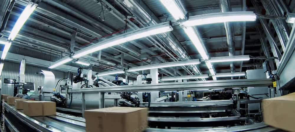 Poster automated conveyor system sorting packages in hightech warehouse