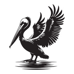 Pelican bird Silhouette Vector Illustration, Solid White Background.