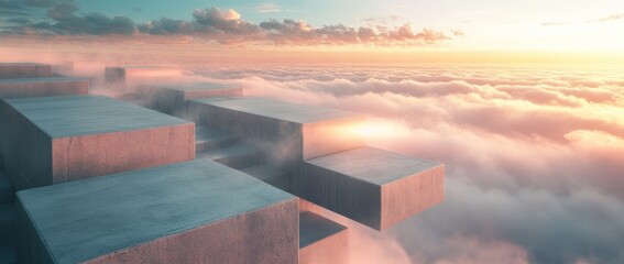 Stairs leading to the sky at sunset above the clouds in a surreal landscape