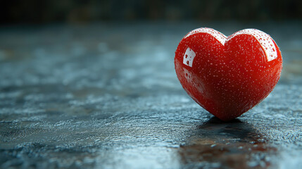 Fototapeta premium Heart-shaped object with water droplets on a reflective surface in a dimly lit setting