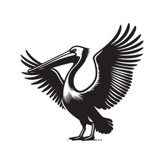 Pelican bird Silhouette Vector Illustration, Solid White Background.