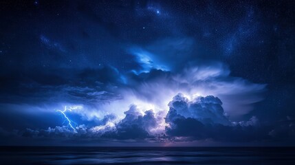 night sky photograph, featuring lightning illuminating storm clouds under a starry sky.