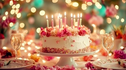 Brightly decorated birthday cake with candles and flowers at a festive gathering