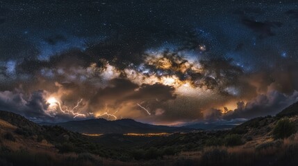 night sky photograph, featuring lightning illuminating storm clouds under a starry sky.