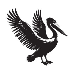 Pelican bird Silhouette Vector Illustration, Solid White Background.