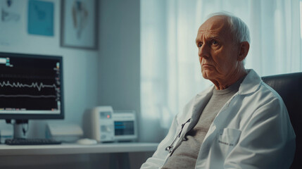 Senior doctor reflects in clinic office while monitoring patient health data on screen