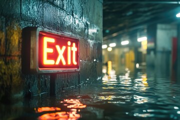 A bright red exit sign sits atop a wet and slippery floor, signaling an urgent need to evacuate