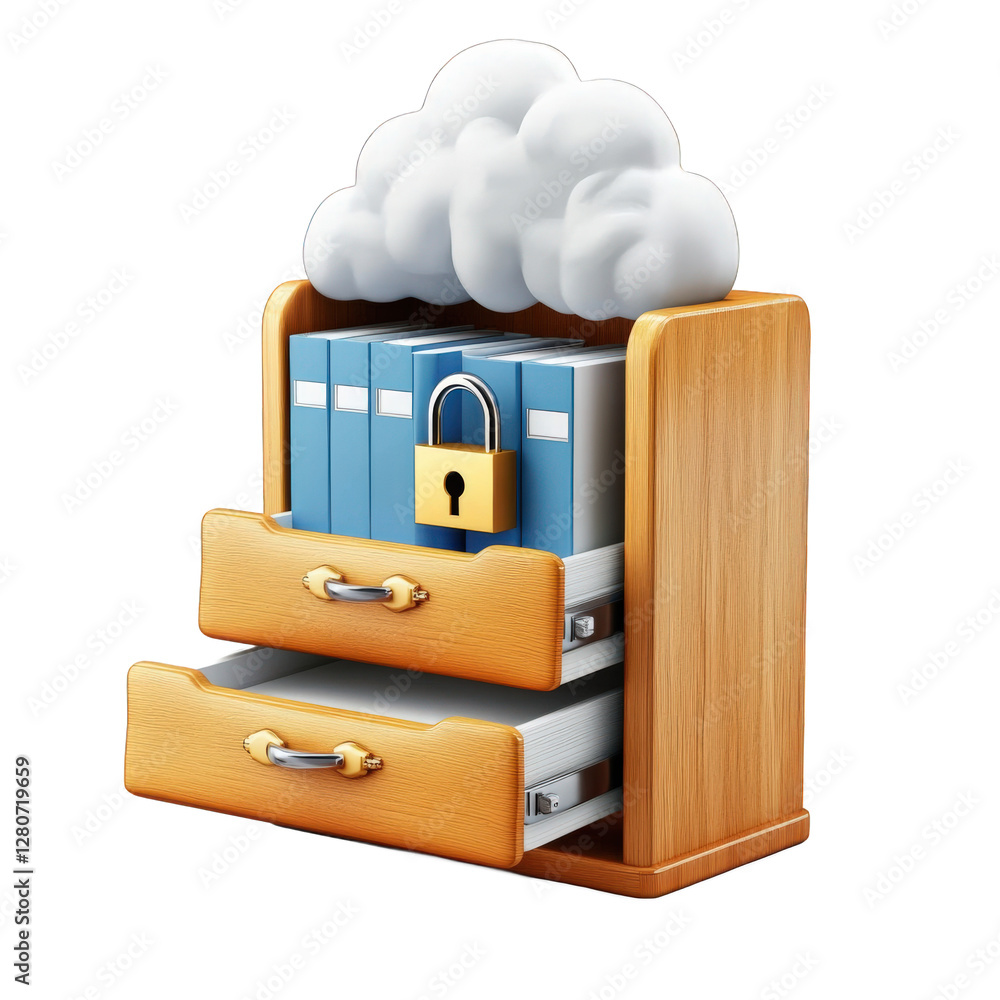 Poster copper lock protects files stored in folders, cloud data storage security concept