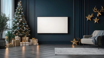 Festive Living Room with Christmas Décor: The cozy atmosphere of a modern living room adorned with a decorated Christmas tree, shimmering ornaments, wrapped presents.