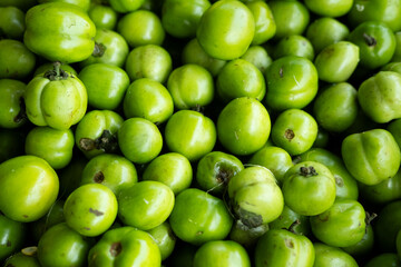 Green, unripe tomatoes displayed fresh, showcasing their smooth texture and vibrant color, ready to ripen