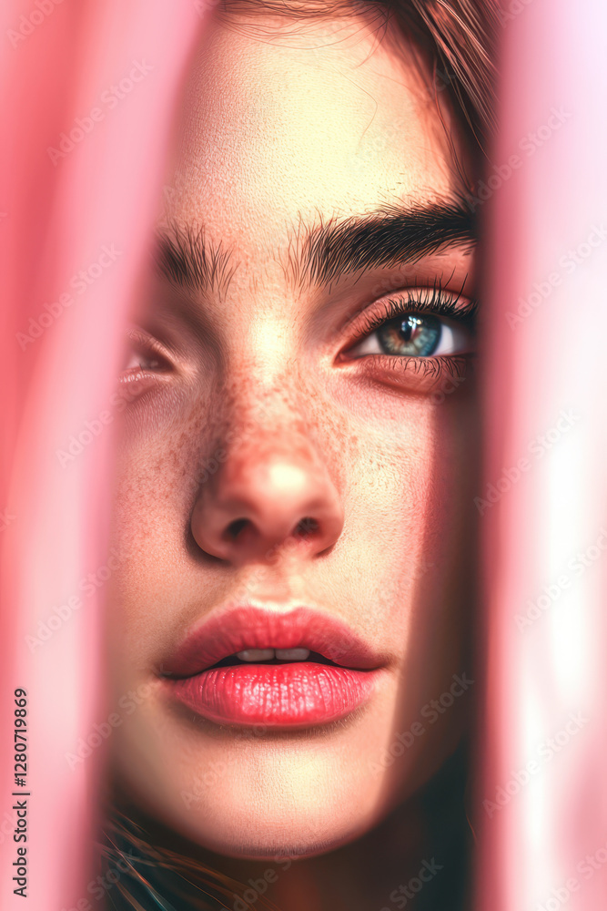 Poster captivating portrait: a close-up encounter with delicate beauty and emotion through lush colors and 