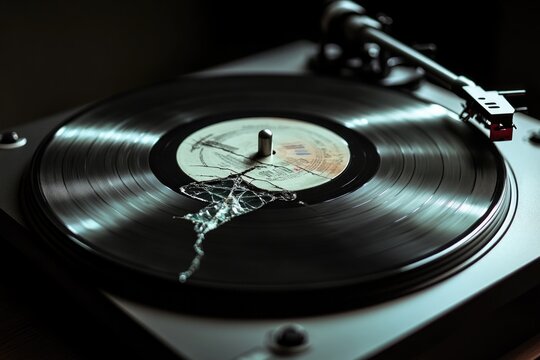 A broken record sits atop a turntable, conveying a sense of stoppage or disruption