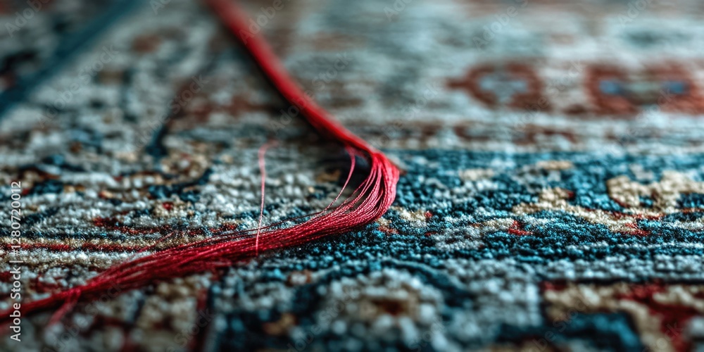 Poster a close-up view of a bright red thread lying on a rug