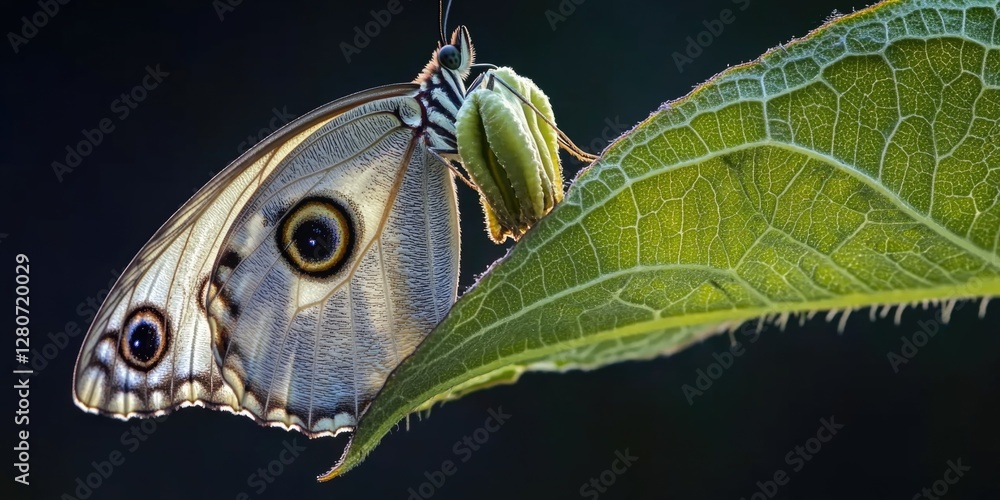 Poster a close-up view of a butterfly resting on a leaf, ideal for use in nature-themed projects or as a de