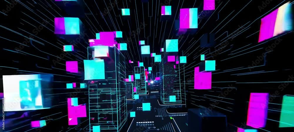 Poster futuristic cityscape transforming into digital grid with colorful neon blocks in dynamic motion