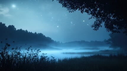 Naklejka premium dreamy nightscape, where low-hanging fog reflects the gentle glow of starlight.
