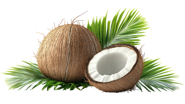 Fresh coconut and tropical leaves create a refreshing summer vibe in a sunlit setting