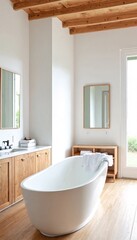 A modern bathroom featuring a white bathtub and wooden cabinets.